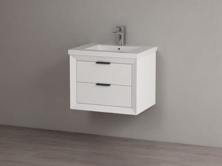 24 inch wall mount white vanity with two drawers with flat surfaces and matte black pull handles. vanity is solid oak. pure white quartz countertop.