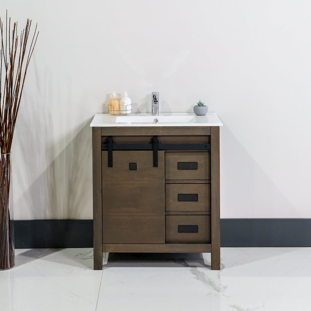 30" solid wood bathroom vanity with sliding door. Made of solid wood, dark brown with three drawers. Quartz countertop included. 