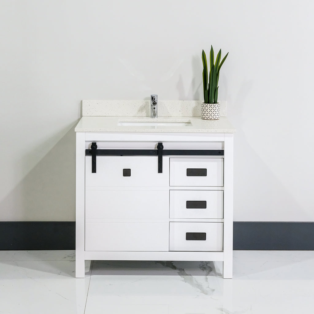 36" White Barn House bathroom vanity. Made of solid wood with a quartz countertop