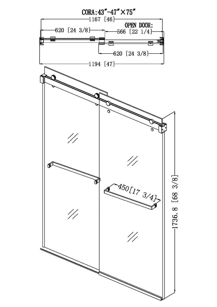 Cor In-Line Shower Door, Chrome 43-47" Adjustable