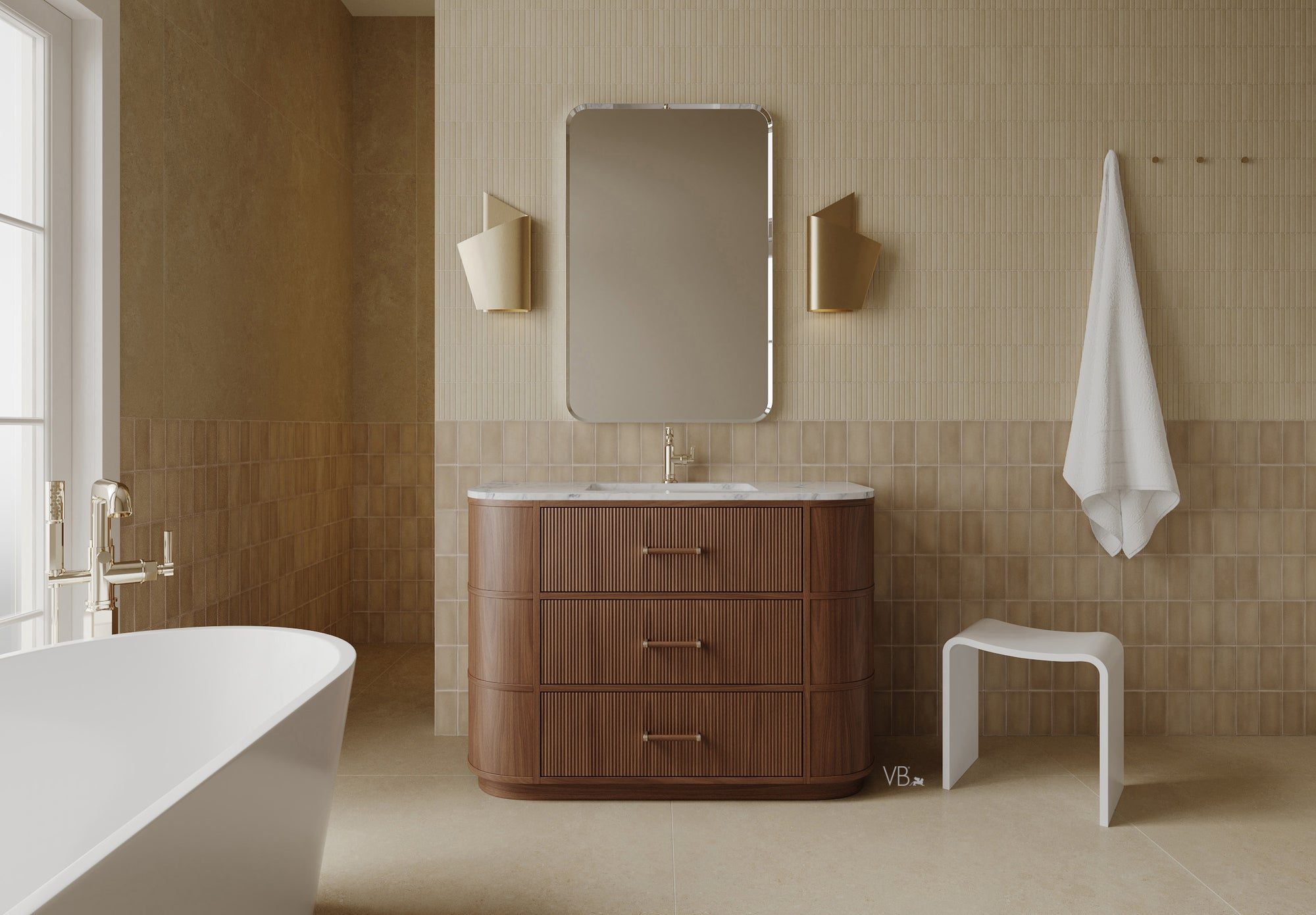 Walnut Rounded Vanity Walnut 72” Single Sink Solid Wood Freestanding Bathroom Vanity