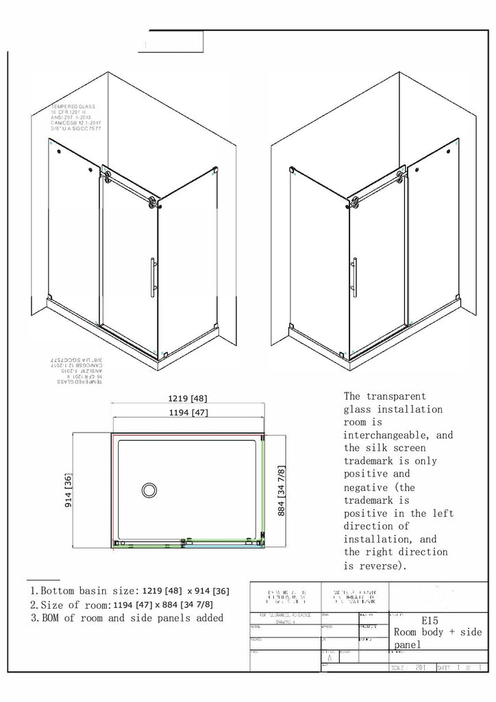 Xesmer Chrome 48 Inch Shower Enclosure Right Hand Door Opening