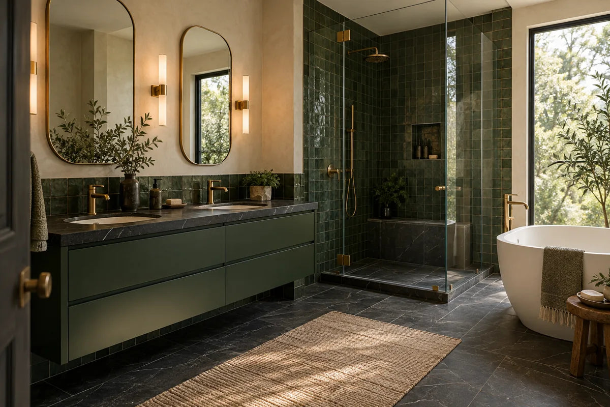 Forest green double vanity with charcoal stone and brass fixtures