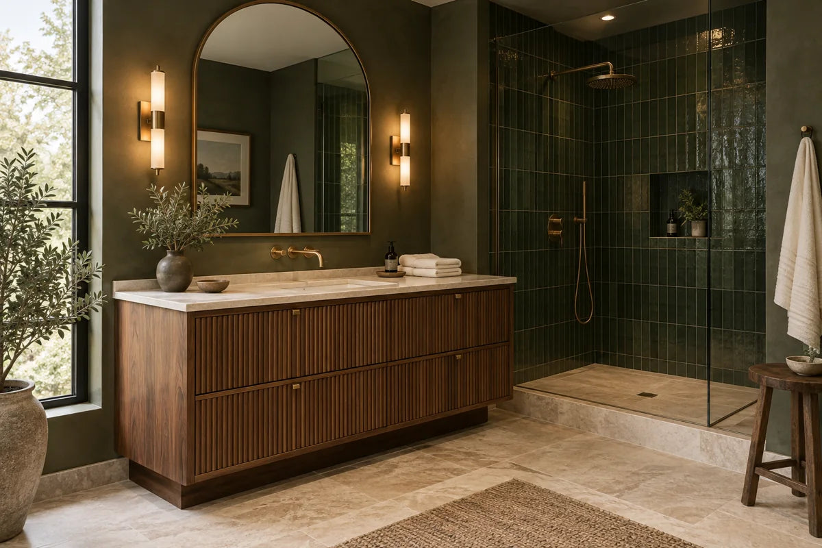 Olive bathroom with fluted walnut vanity, green tile and warm brass