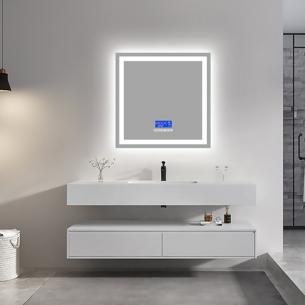 Bluetooth mirror smart mirror stylish with lLED light at back and LED light on front. Frameless. Modern mirror. Anti fog, won't fog. Three light tones. Soft White, Bright White and Warm Light. touch controls, temperature display. Brighten up your bathroom with our Bluetooth LED Mirror! Experience the ultimate in modern luxury with its sleek and stylish design, energy-efficient LED lights, and hands-free Bluetooth capabilities. 