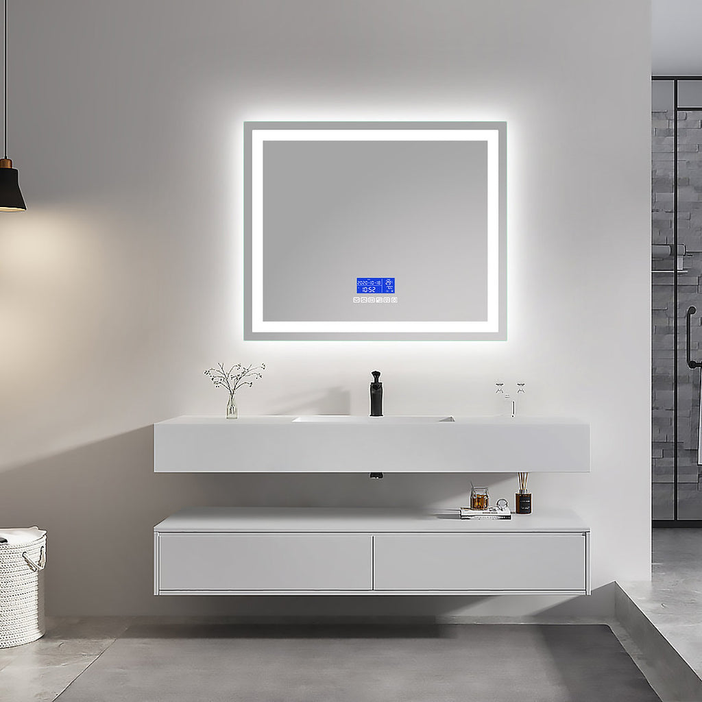 Bluetooth mirror smart mirror stylish with lLED light at back and LED light on front. Frameless. Modern mirror. Anti fog, won't fog. Three light tones. Soft White, Bright White and Warm Light. touch controls, temperature display. Brighten up your bathroom with our Bluetooth LED Mirror! Experience the ultimate in modern luxury with its sleek and stylish design, energy-efficient LED lights, and hands-free Bluetooth capabilities. 