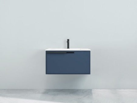 Blue 30" Solid Wood Matte Blue Wall Mount Floating Bathroom Vanity, Modern Design Made from the finest solid wood materials, this high end bathroom vanity adds a touch of luxury and elegance to any bathroom decor. Crafted with precision and attention to detail, this solid wood bathroom vanity is not only beautiful but also durable and long-lasting.  Features Bruce Blue Cabinet Colour Porcelain Countertop  Solid Oak Pre-Drilled Single Hole