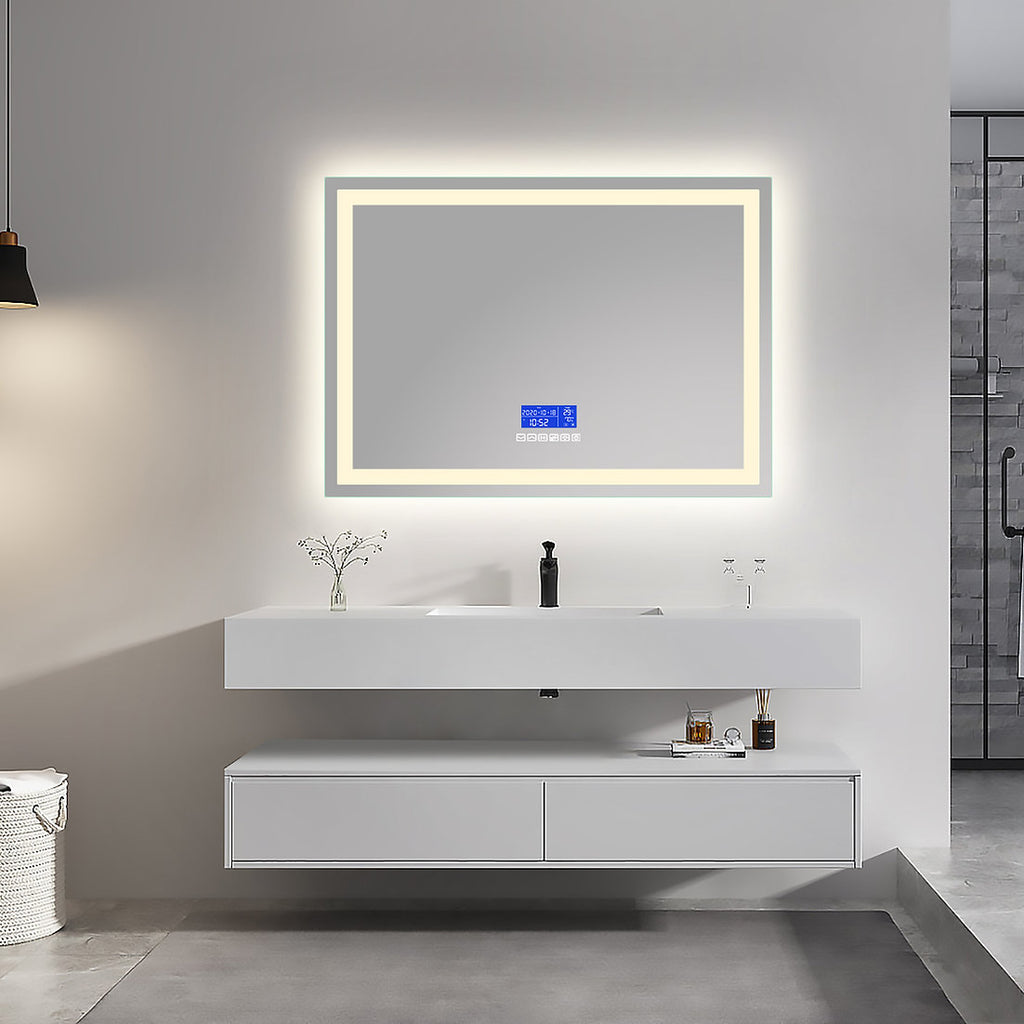 Bluetooth mirror smart mirror stylish with lLED light at back and LED light on front. Frameless. Modern mirror. Anti fog, won't fog. Three light tones. Soft White, Bright White and Warm Light. touch controls, temperature display. Brighten up your bathroom with our Bluetooth LED Mirror! Experience the ultimate in modern luxury with its sleek and stylish design, energy-efficient LED lights, and hands-free Bluetooth capabilities. 