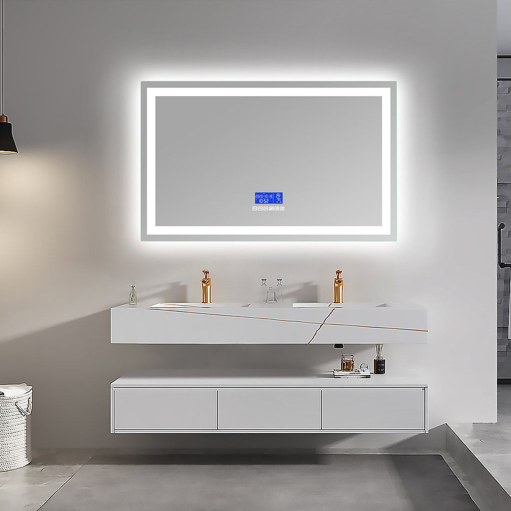 Bluetooth mirror smart mirror stylish with lLED light at back and LED light on front. Frameless. Modern mirror. Anti fog, won't fog. Three light tones. Soft White, Bright White and Warm Light. touch controls, temperature display. Brighten up your bathroom with our Bluetooth LED Mirror! Experience the ultimate in modern luxury with its sleek and stylish design, energy-efficient LED lights, and hands-free Bluetooth capabilities. 