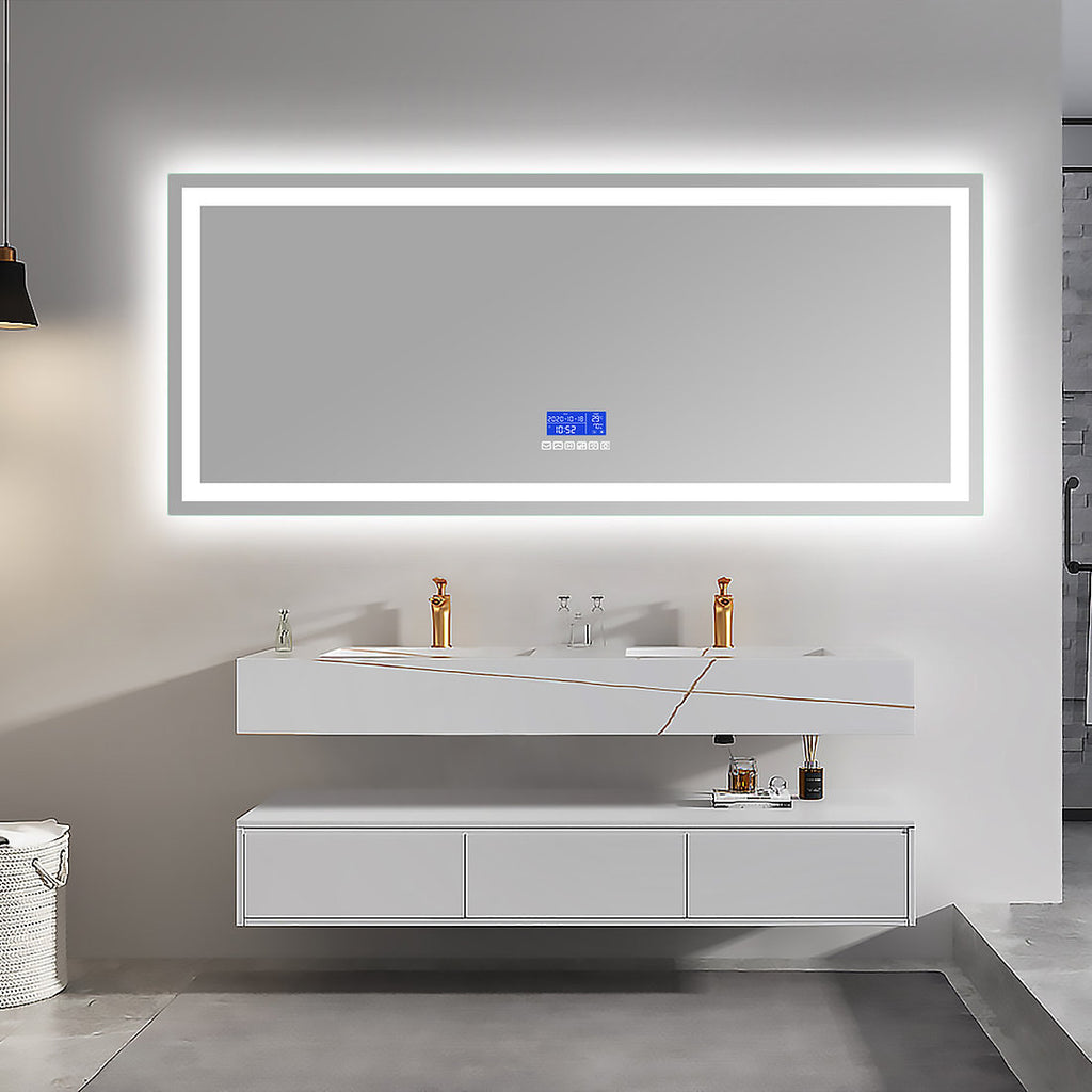 Bluetooth mirror smart mirror stylish with lLED light at back and LED light on front. Frameless. Modern mirror. Anti fog, won't fog. Three light tones. Soft White, Bright White and Warm Light. touch controls, temperature display. Brighten up your bathroom with our Bluetooth LED Mirror! Experience the ultimate in modern luxury with its sleek and stylish design, energy-efficient LED lights, and hands-free Bluetooth capabilities. 