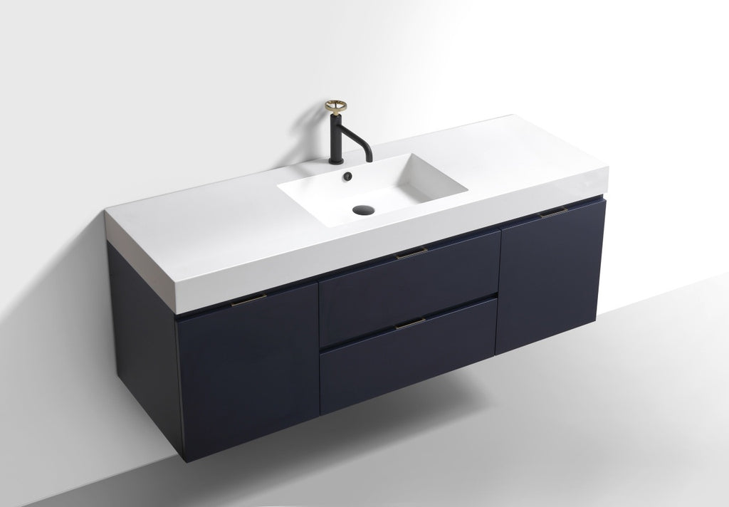 blue modern, luxurious 60-inch bathroom vanity offers a sleek design that's both stylish and functional with a single sink giving extra countertop space. 