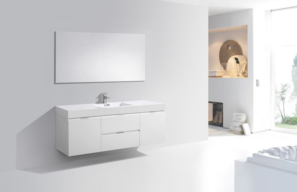 white modern sleek high gloss bathroom vanity. modern, luxurious 60-inch bathroom vanity offers a sleek design that's both stylish and functional with a single sink giving extra countertop space. 