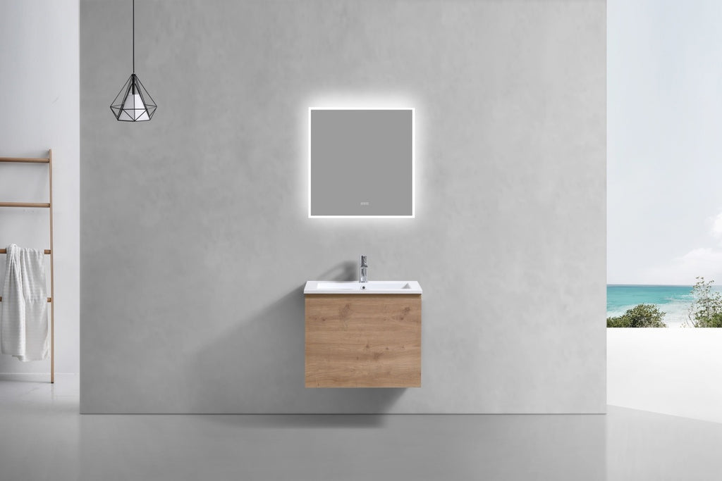 wood look. light wood bathroom vanit. The Balli 24" Wall Mount Modern Sleek Bathroom Vanity by Kubebath adds a contemporary touch to any bathroom. Its wall mount installation is space-saving and easy to install, while its sleek and modern design enhances any decor. Perfect for a modern bathroom upgrade. Features the large cupboard with one spacious drawer and one inner drawer for storing bathroom essentials. The clean, contemporary lines are enhanced by a crisp white integrated sink.